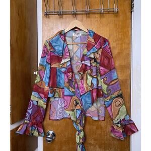 Vintage 90s Guess Abstract Wrap Top Shirt Artsy Euro Flutter Ruffle Sleeve Sz L